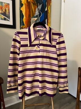 70s Jantzen Cream and Purple Striped 3/4 Sleeves Shirt